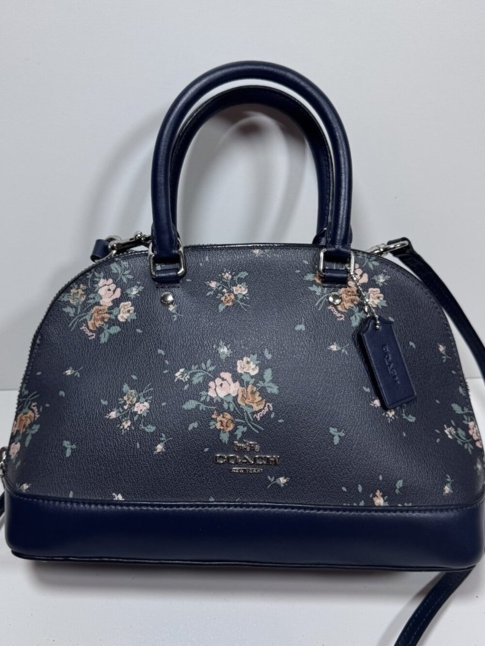 Coach Mini Sierra Satchel Rose Bouquet Floral Navy Crossbody Handbag 91430